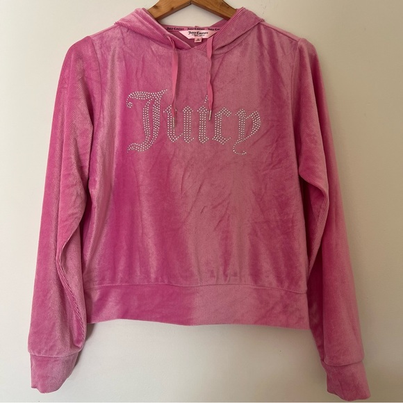 Juicy Couture Tops - Juicy Couture Pink Ribbed Velour Y2K Bling Hoodie Size Medium